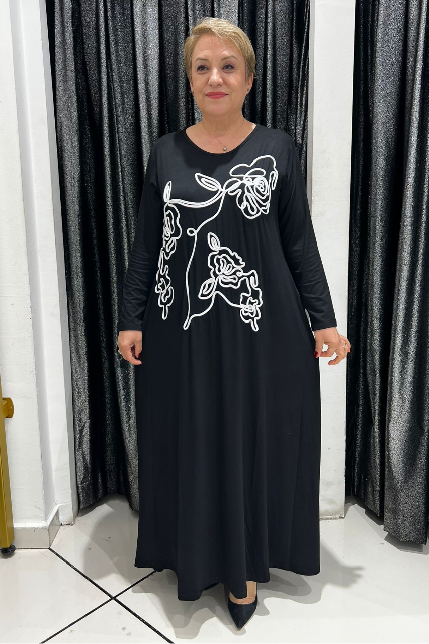 Selma Büyük Beden Siyah Çizgisel Gül Desenli Elbise