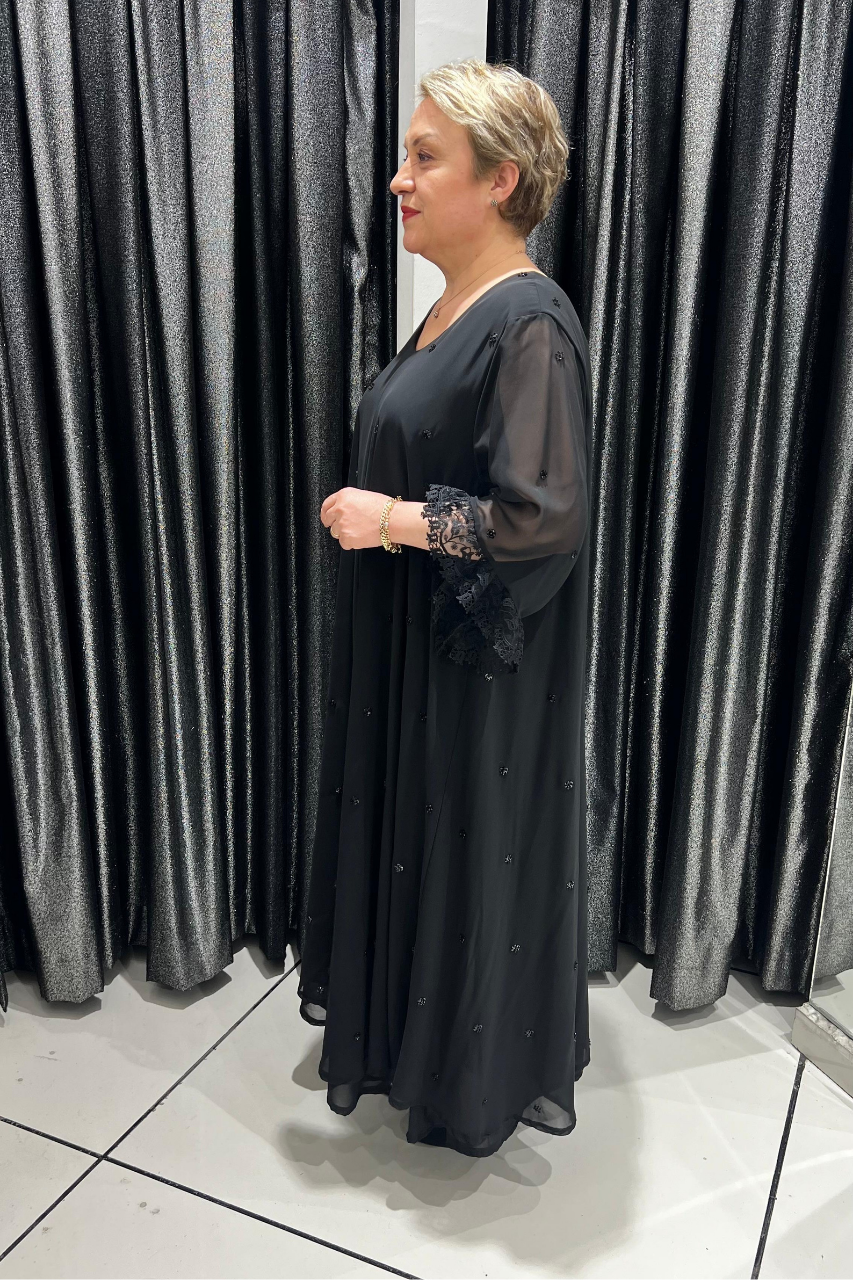 Selma Büyük Beden Siyah Dantel Detaylı Şifon Elbise