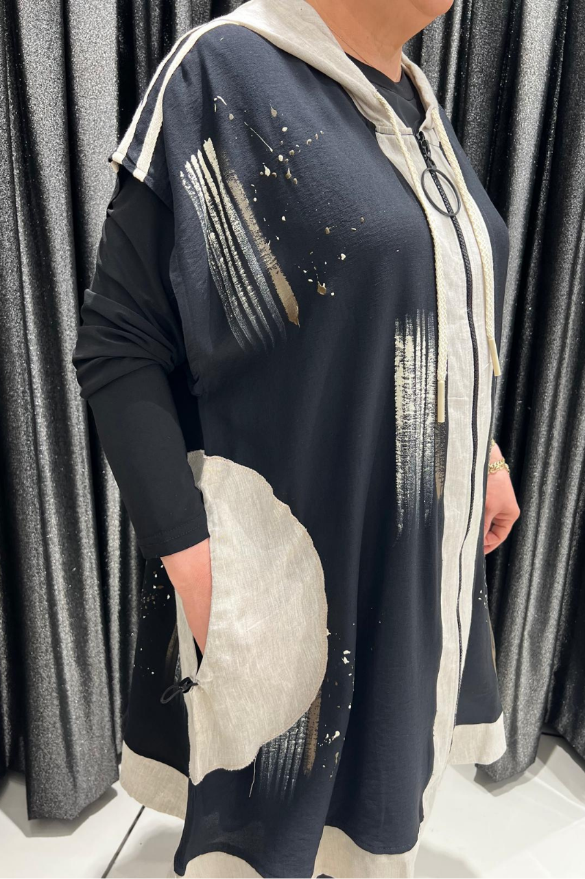 Selma Büyük Beden Siyah Fermuarlı Desenli Yelek