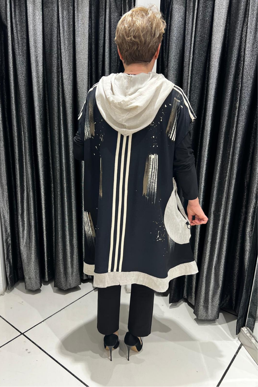 Selma Büyük Beden Siyah Fermuarlı Desenli Yelek