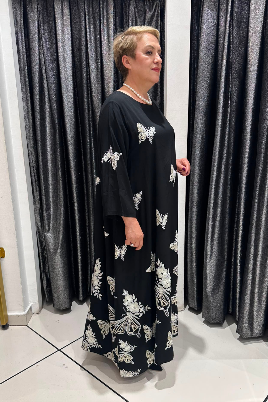 Selma Büyük Beden Siyah Kelebek Desenli Elbise
