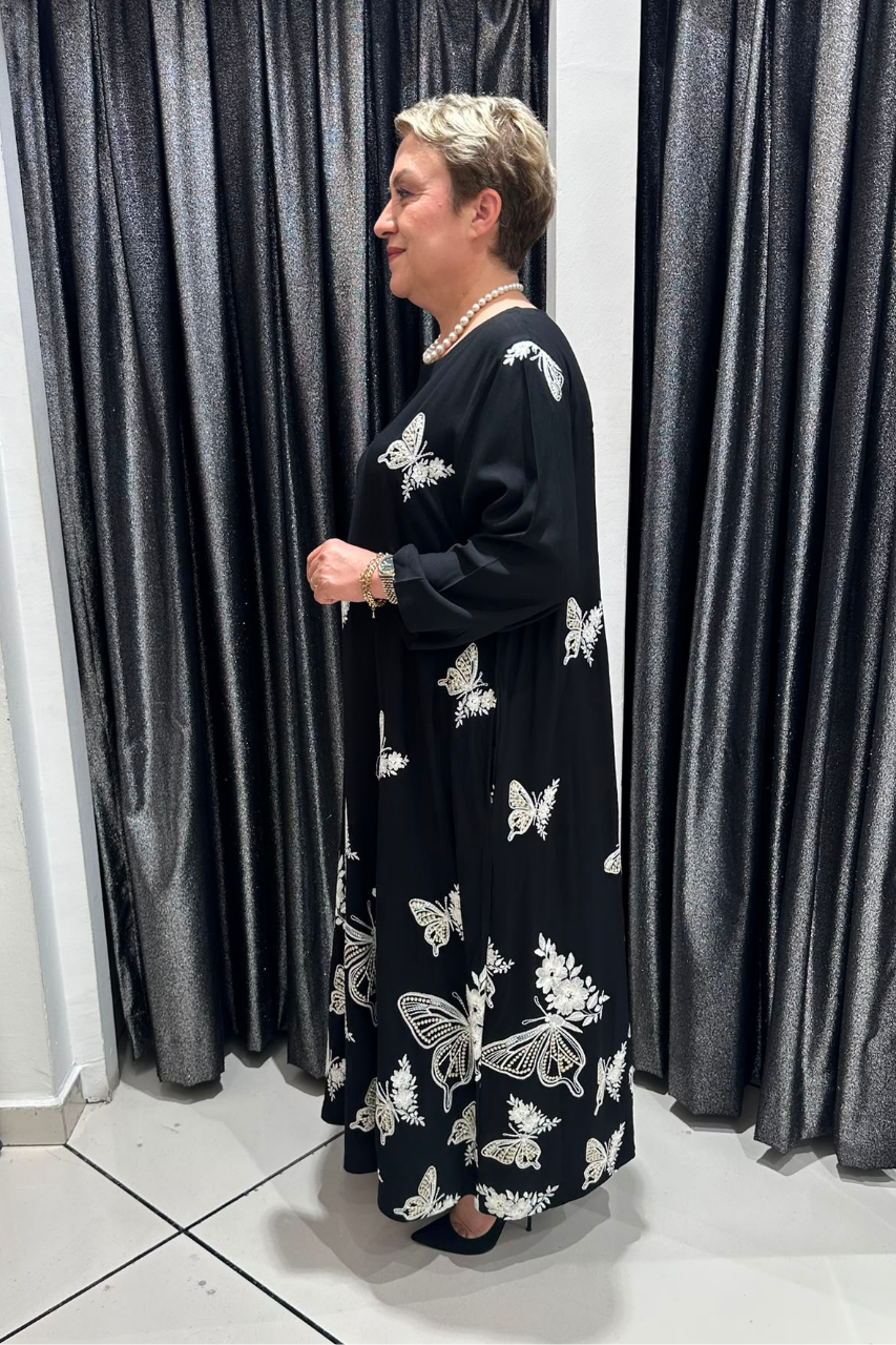 Selma Büyük Beden Siyah Kelebek Desenli Elbise