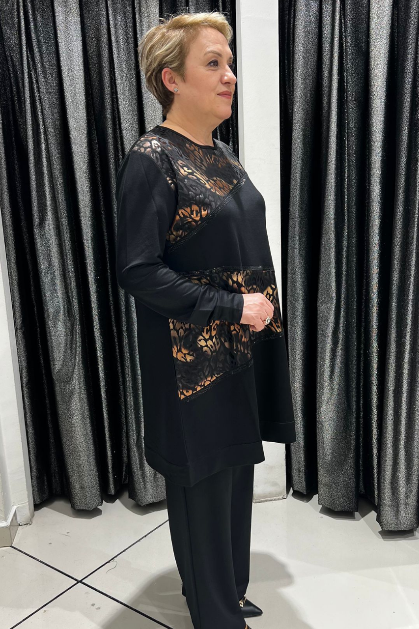 Selma Büyük Beden Siyah Parlak Leopar Desenli Tunik Takım