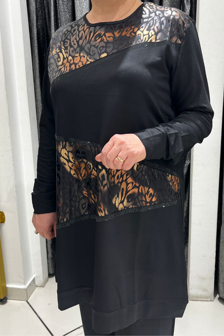 Selma Büyük Beden Siyah Parlak Leopar Desenli Tunik Takım