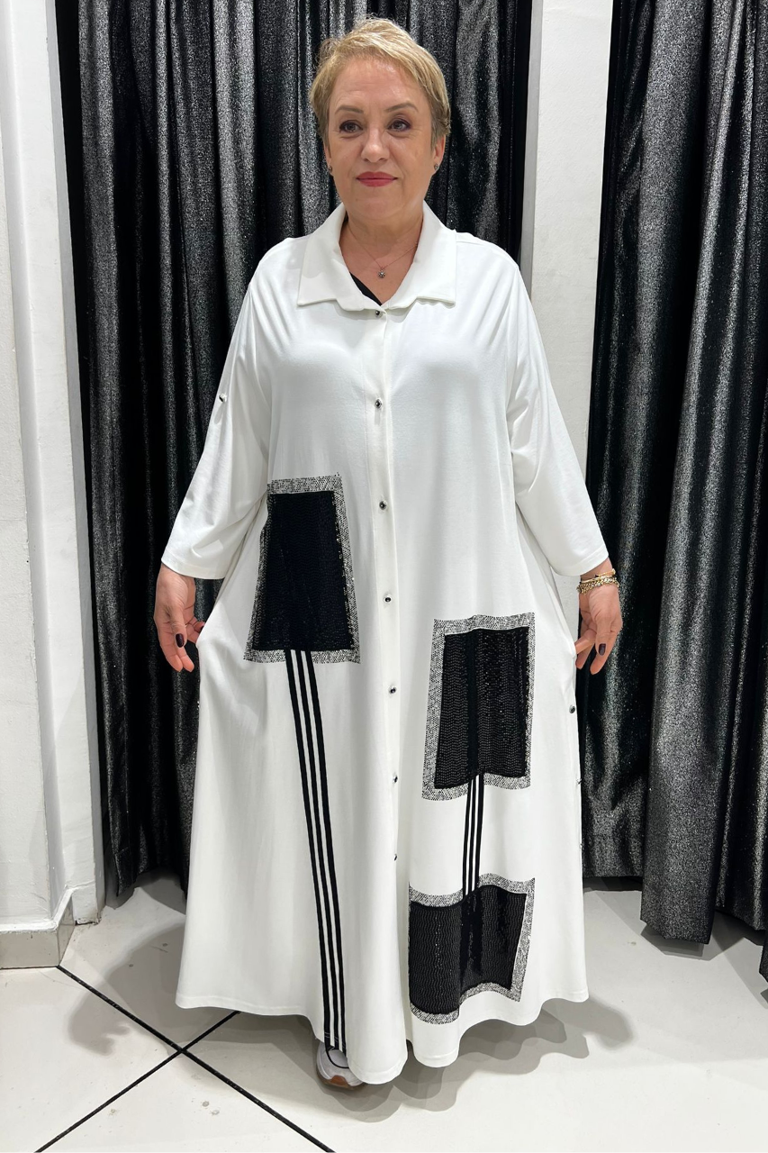 Selma Büyük Beden Siyah Patch Detaylı Gömlek Elbise