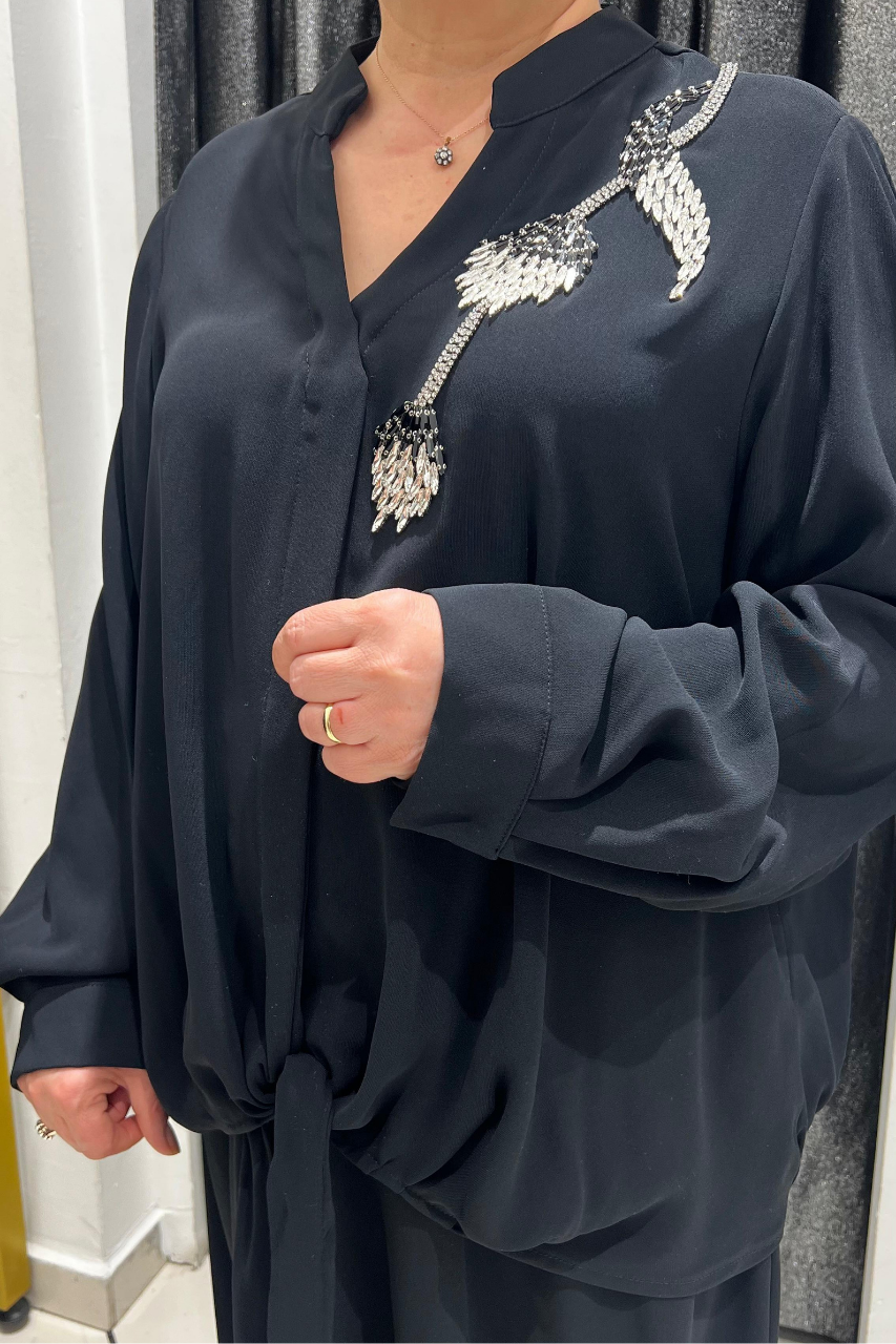 Selma Büyük Beden Siyah Tasarım Altlı Üstlü Takım