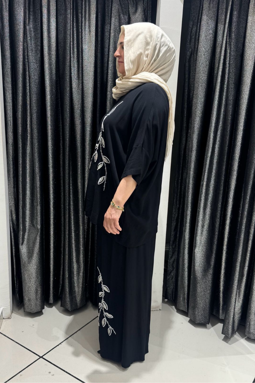 Selma Büyük Beden Siyah Yaprak Desenli Takım