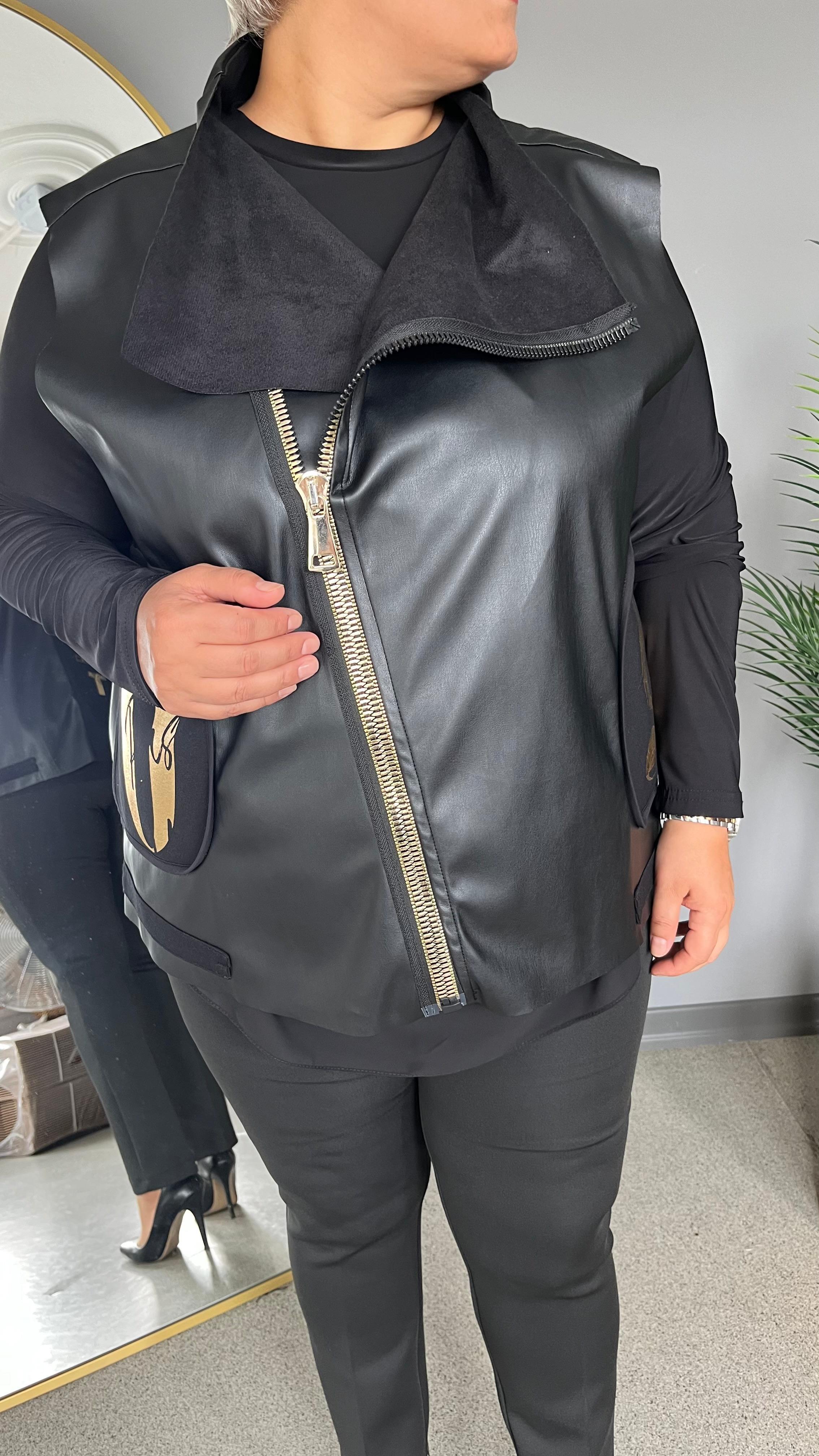 Selma Büyük Beden Suni Deri Spor Kısa Yelek