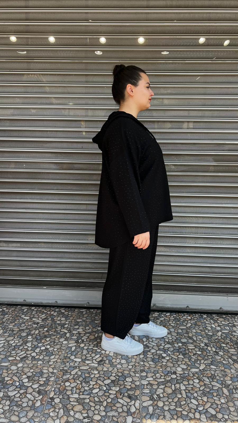 Selma Büyük Beden Taş Detaylı Fermuarlı Oversize Siyah Takım