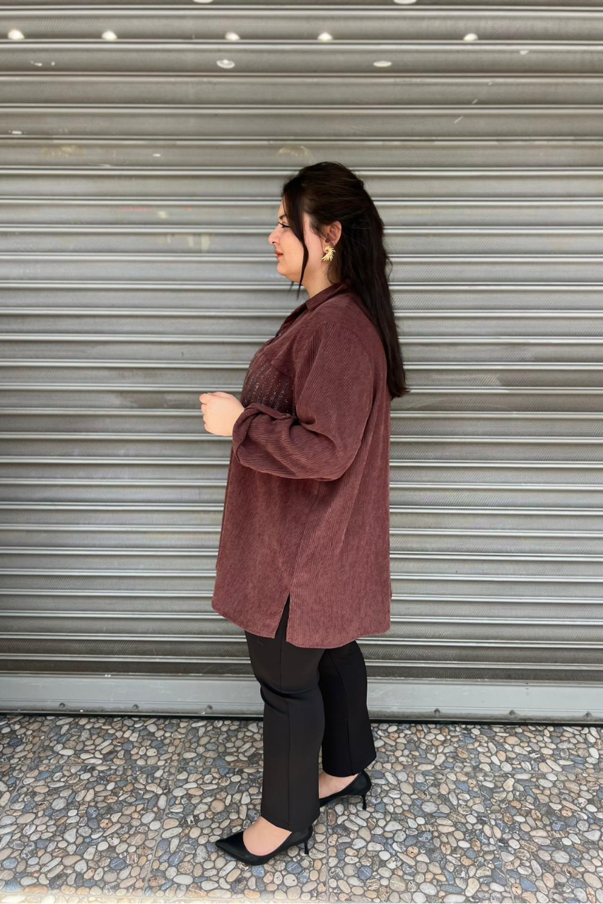 Selma Büyük Beden Taş İşlemeli Fitilli Gömlek