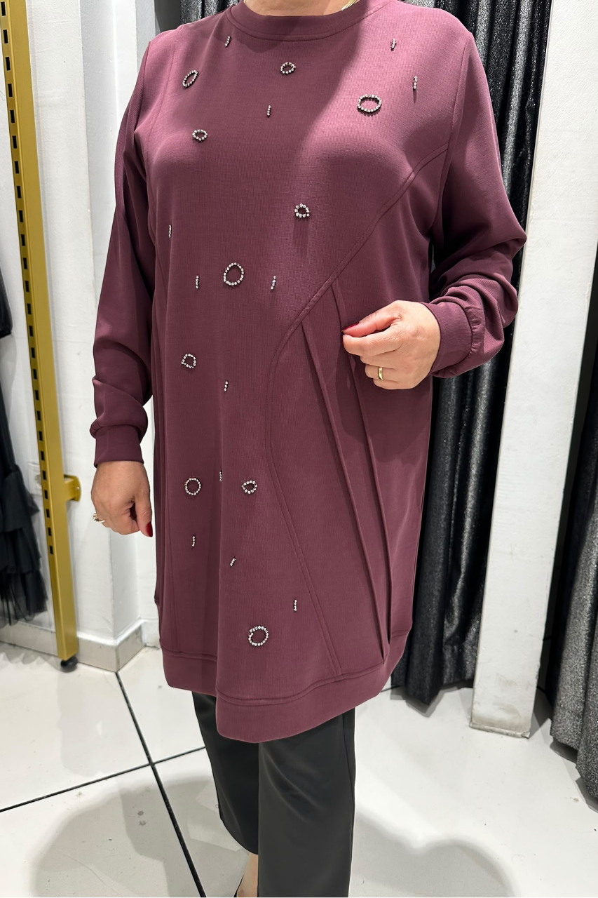 Selma Büyük Beden Taş İşlemeli Nervürlü Premium Oysho Kumaş Tunik