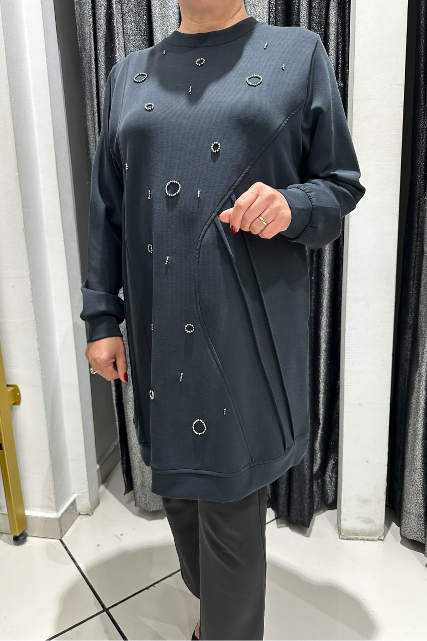 Selma Büyük Beden Taş İşlemeli Nervürlü Premium Oysho Kumaş Tunik