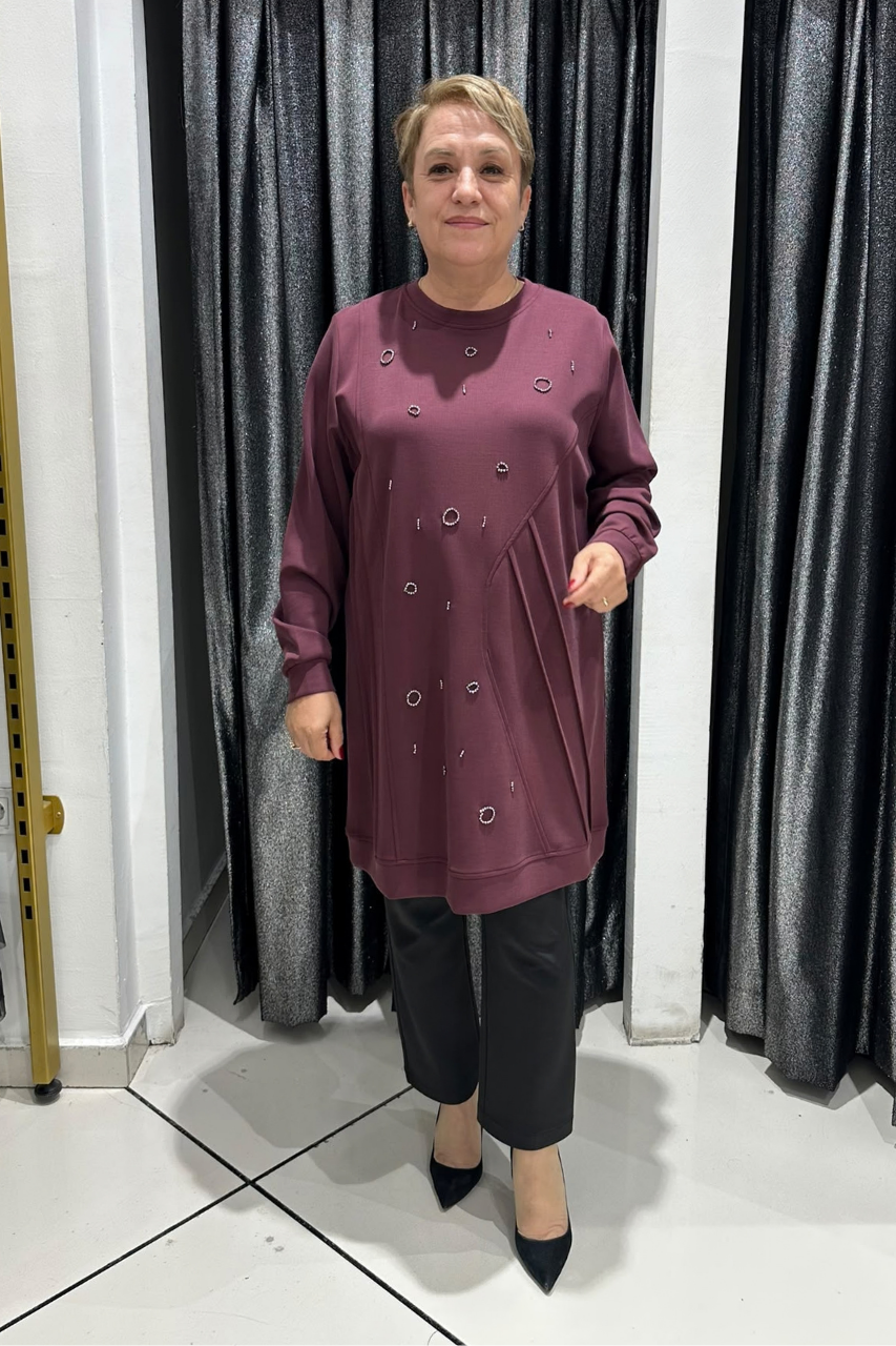 Selma Büyük Beden Taş İşlemeli Nervürlü Premium Oysho Kumaş Tunik