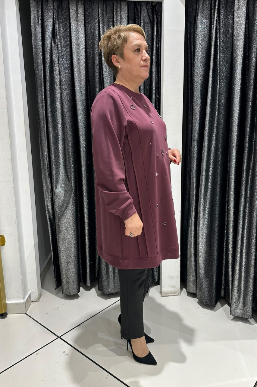 Selma Büyük Beden Taş İşlemeli Nervürlü Premium Oysho Kumaş Tunik