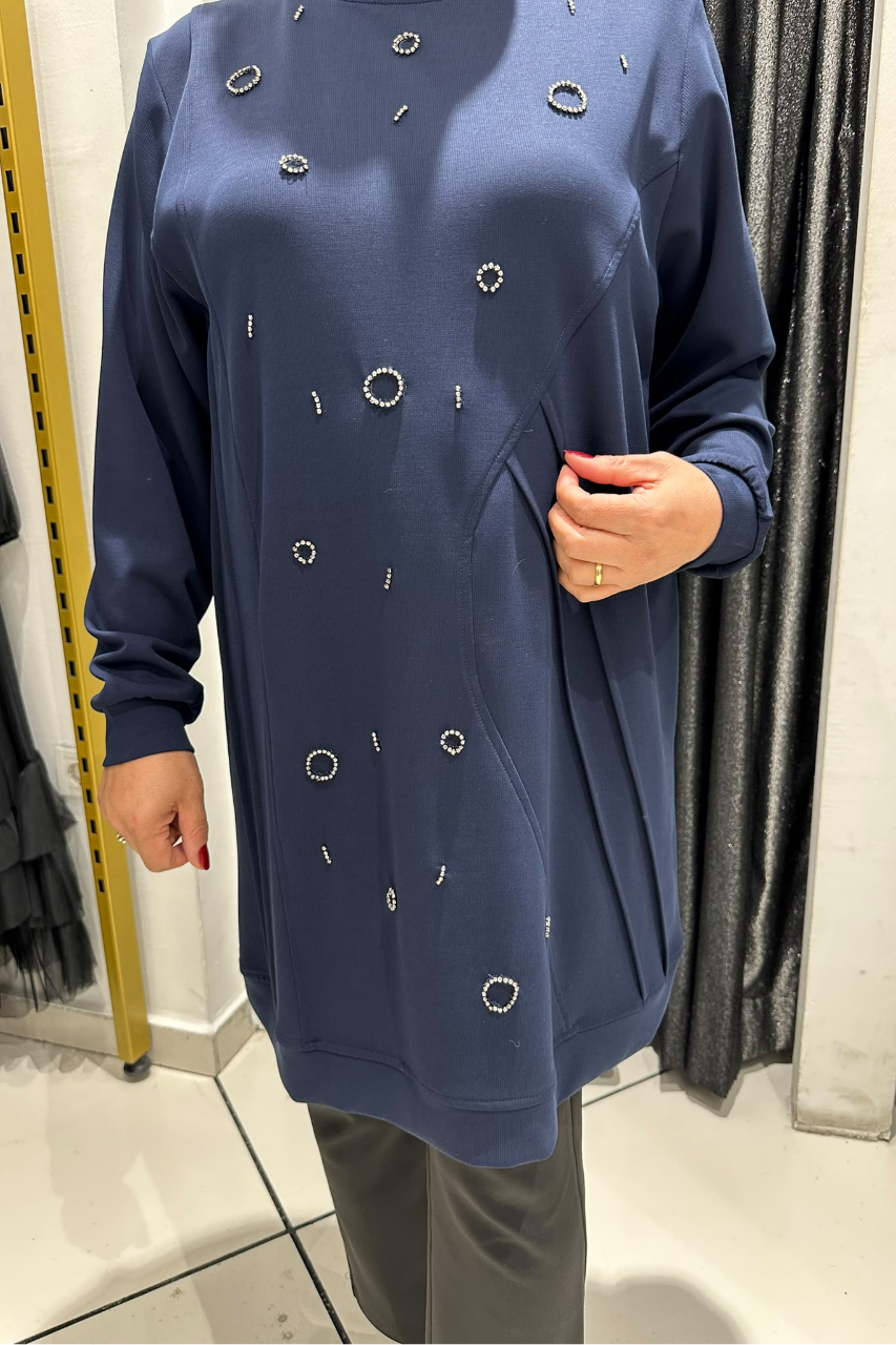 Selma Büyük Beden Taş İşlemeli Nervürlü Premium Oysho Kumaş Tunik