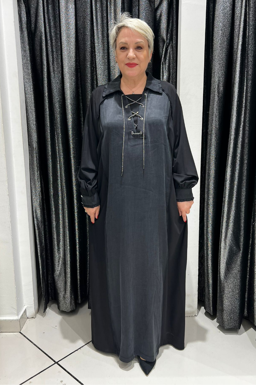Selma Büyük Beden Taşlı Bağcık Detaylı Elbise