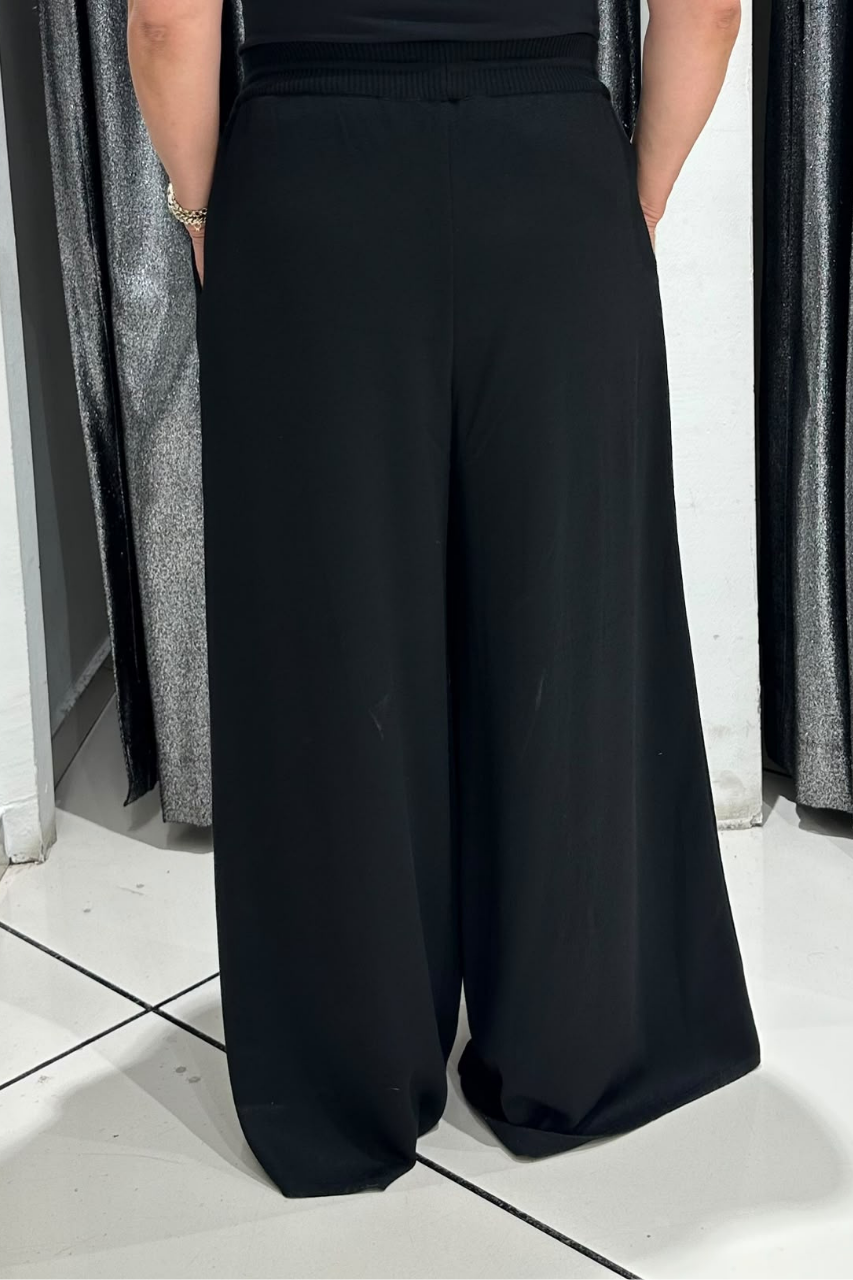 Selma Büyük Beden Triko Kumaş Beli Bağcıklı Geniş Paça Pantolon