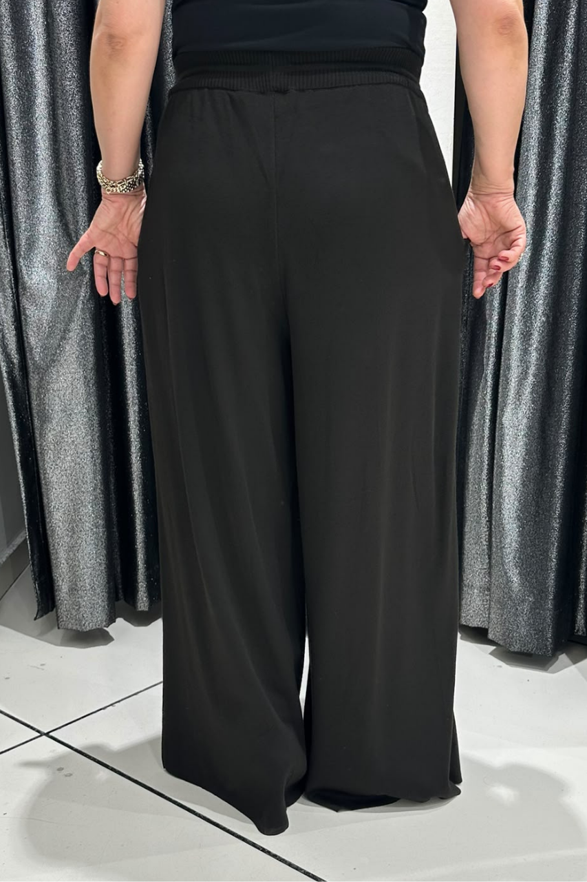 Selma Büyük Beden Triko Kumaş Beli Bağcıklı Geniş Paça Pantolon