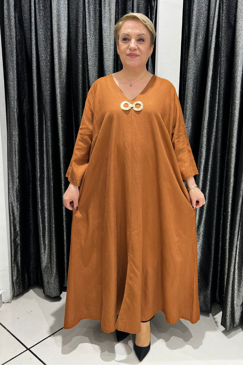 Selma Büyük Beden V Yaka Keten Elbise