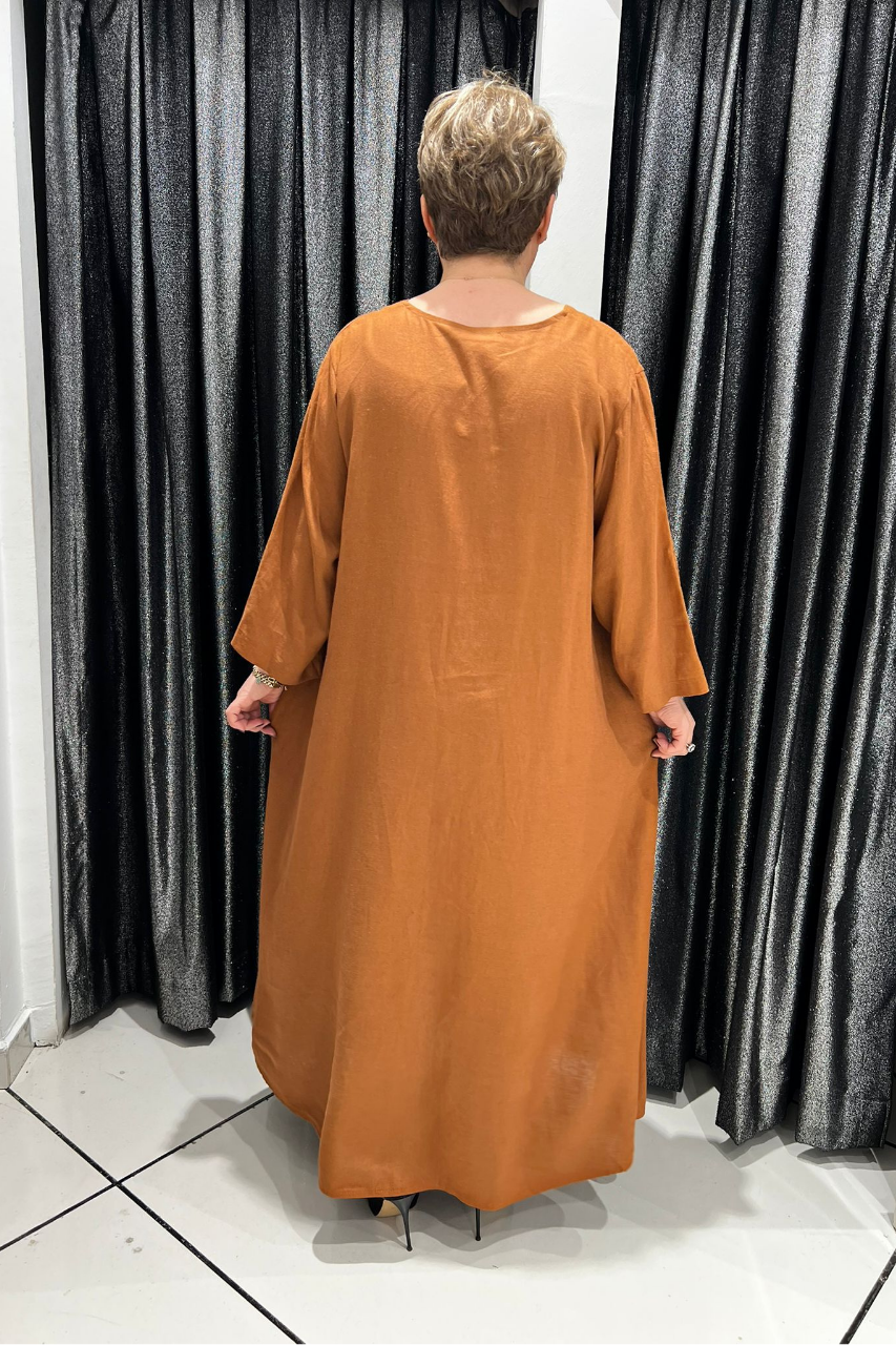 Selma Büyük Beden V Yaka Keten Elbise