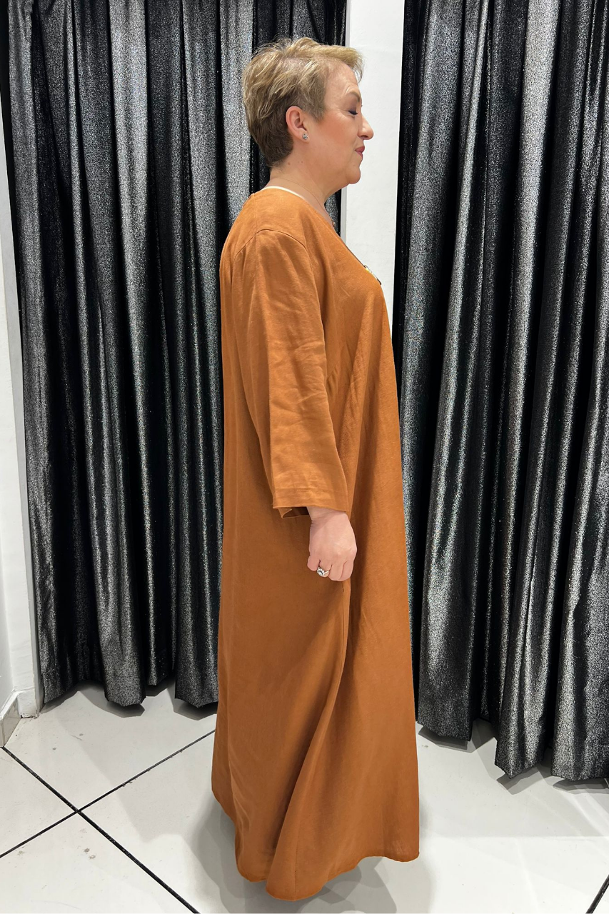 Selma Büyük Beden V Yaka Keten Elbise