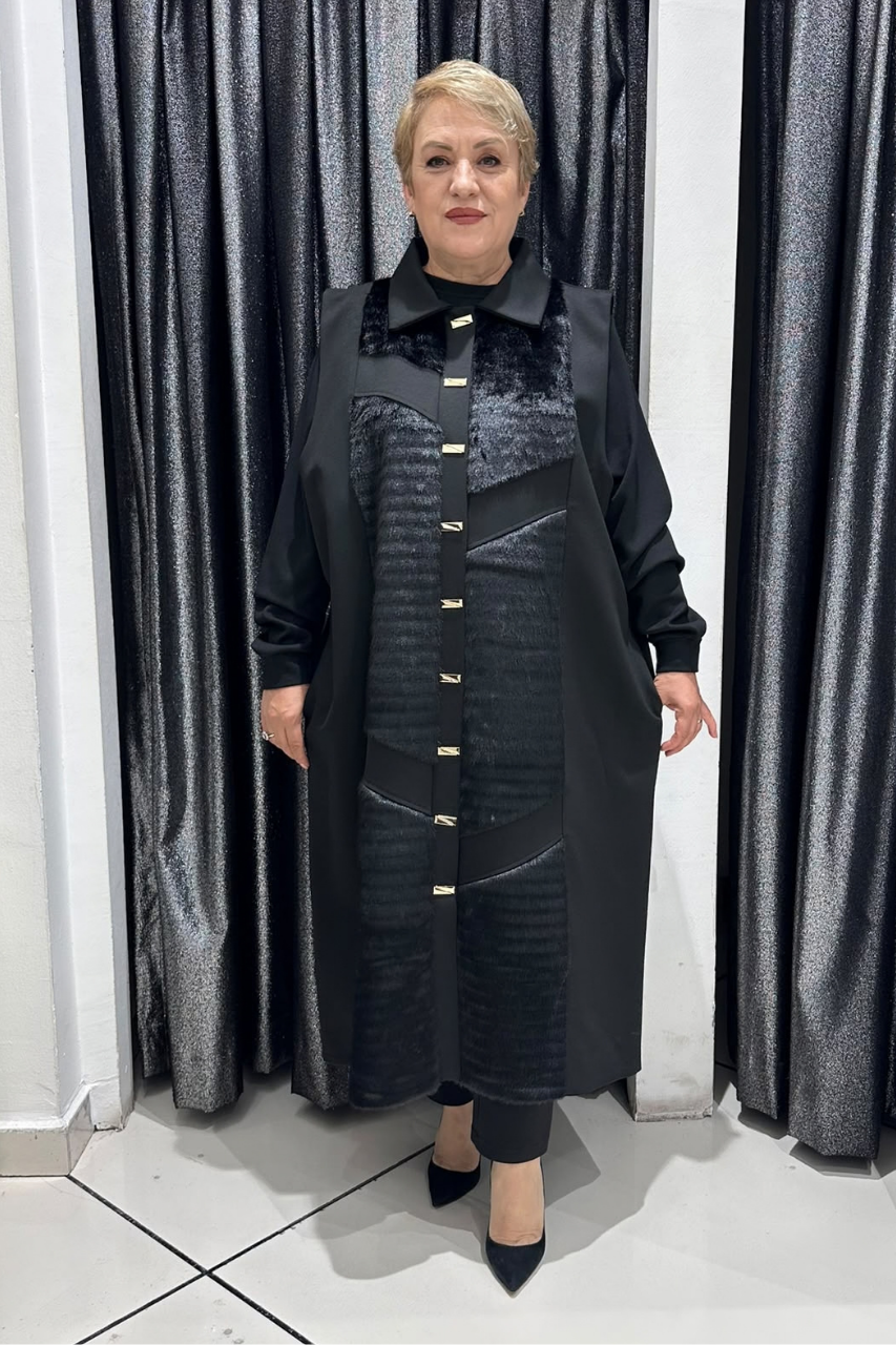 Selma Büyük Beden Yakalı Kürk Detaylı Çıtçıt Kapamalı Yelek