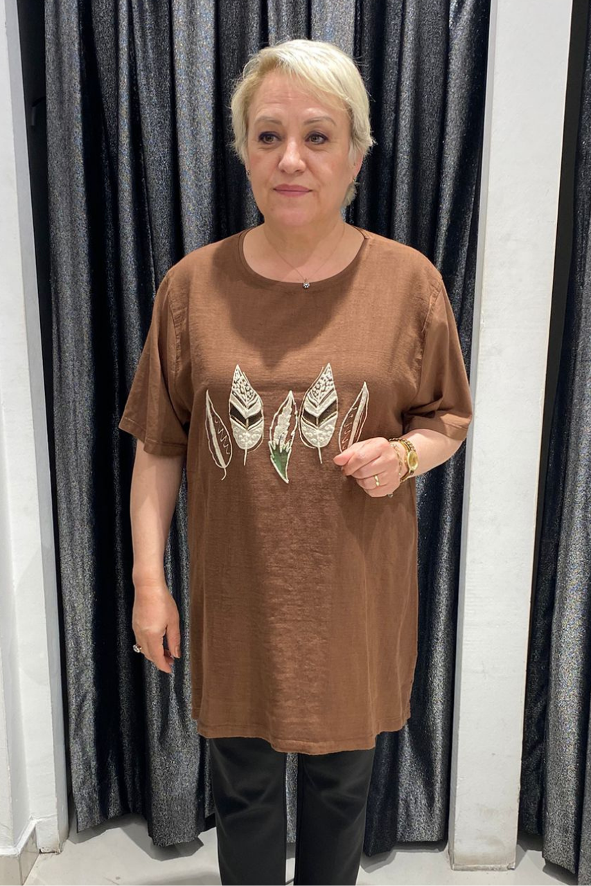 Selma Büyük Beden Yaprak Desenli T-Shirt