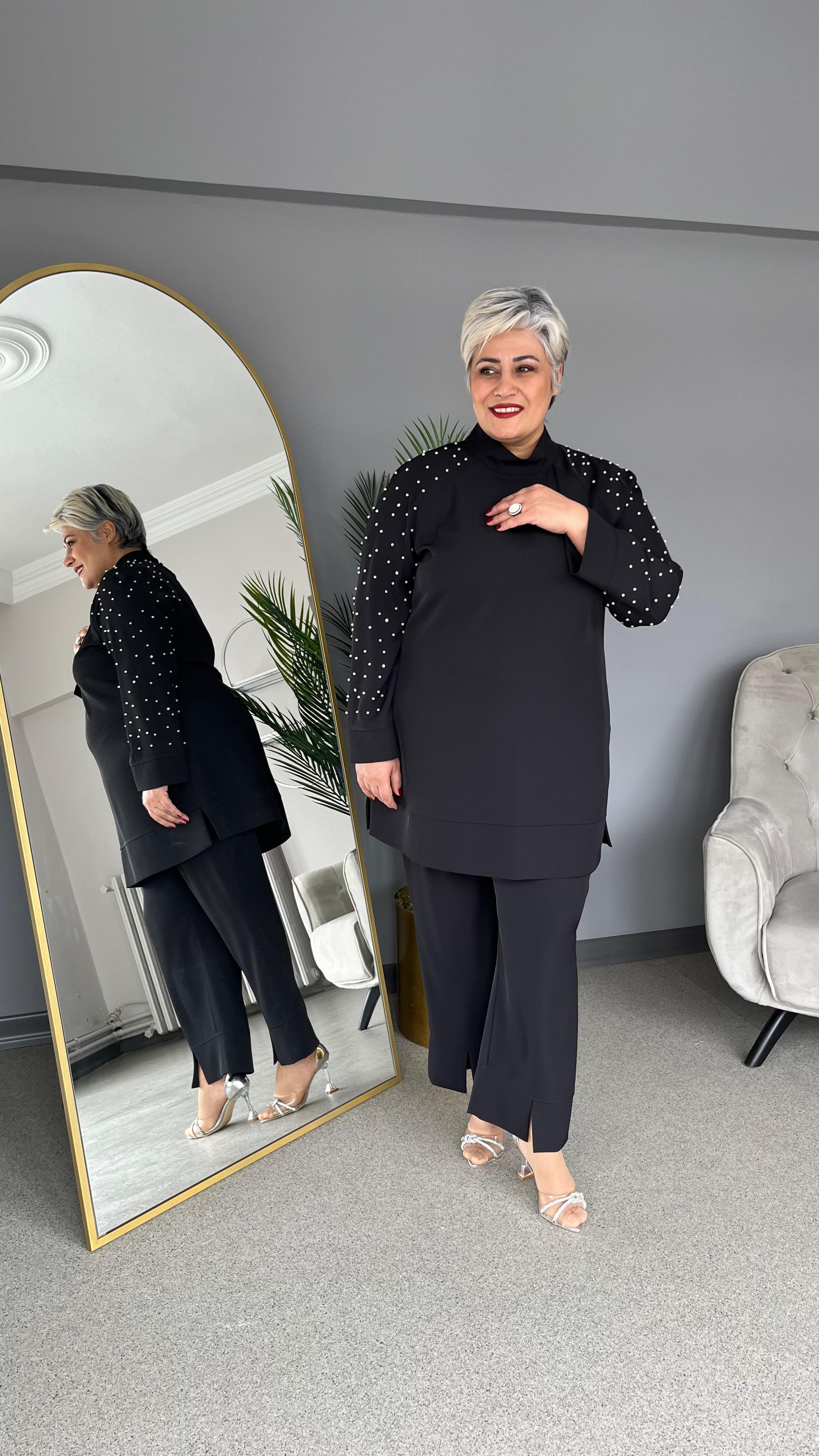 Selma Büyük Beden Yırtmaç Detaylı İncili Takım