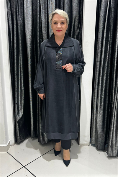 Selma Büyük Beden Devrik Yaka Aplike Detaylı Tunik