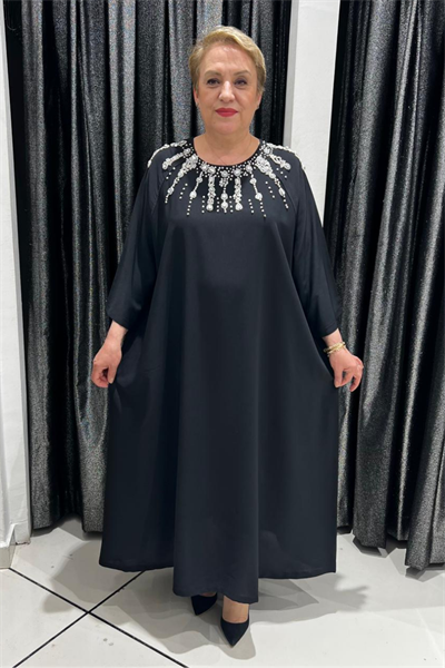 Selma Büyük Beden A Kesim Siyah İnci Detaylı Elbise