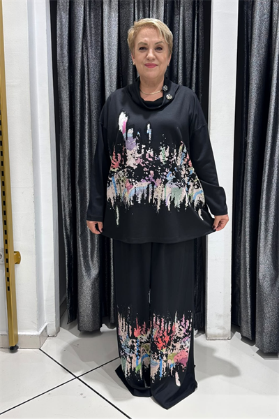 Selma Büyük Beden Abstrakt Desenli Rahat Kesim Takım