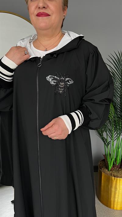 Selma Büyük Beden Arı Desenli Kapüşonlu Zarafet Pardesü