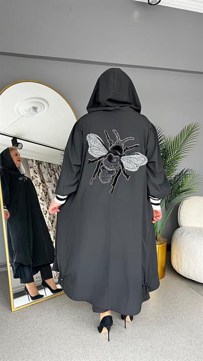 Selma Büyük Beden Arı Desenli Kapüşonlu Zarafet Pardesü