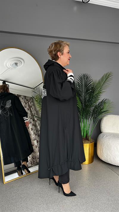 Selma Büyük Beden Arı Desenli Kapüşonlu Zarafet Pardesü