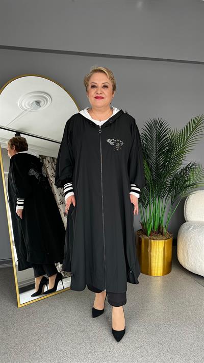 Selma Büyük Beden Arı Desenli Kapüşonlu Zarafet Pardesü