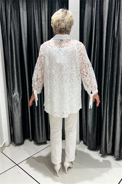 Selma Büyük Beden Askılı İçlikli Beyaz Güpür Ceket