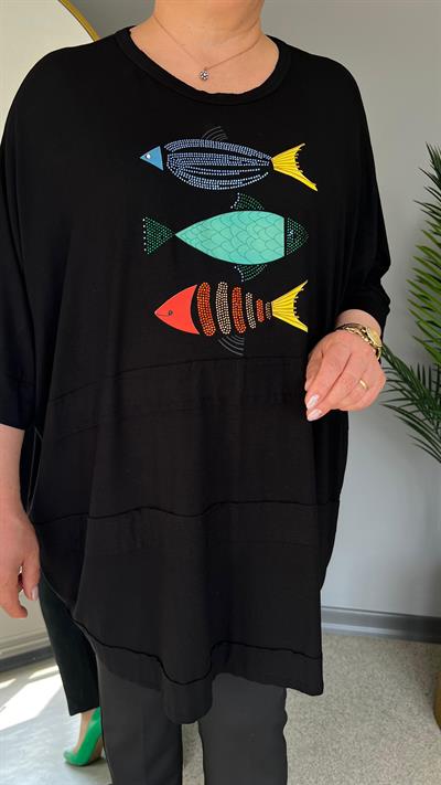 Selma Büyük Beden Balık Desenli Bluz
