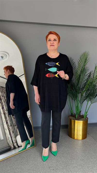 Selma Büyük Beden Balık Desenli Bluz