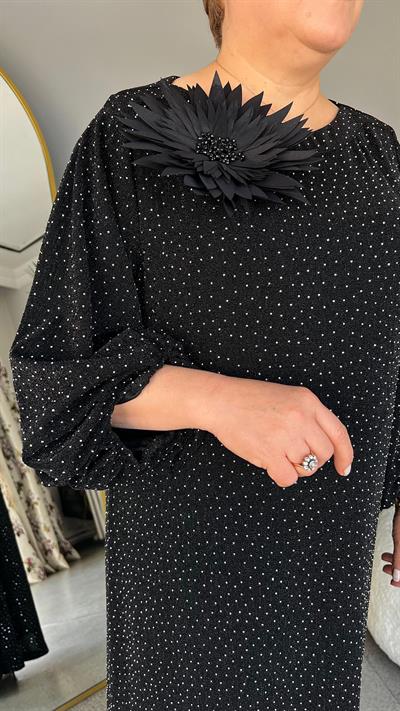 Selma Büyük Beden Balon Kol Taşlı Elbise