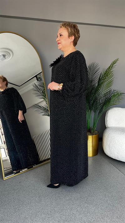 Selma Büyük Beden Balon Kol Taşlı Elbise