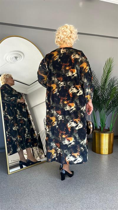 Selma Büyük Beden Batik Desen İnci Kadife Elbise