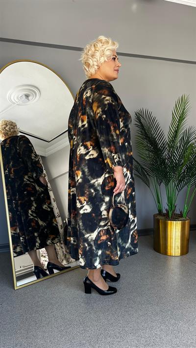 Selma Büyük Beden Batik Desen İnci Kadife Elbise