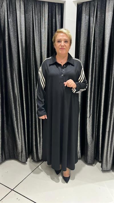 Selma Büyük Beden Beyaz Şeritli Kol ve Cep Detaylı Elbise