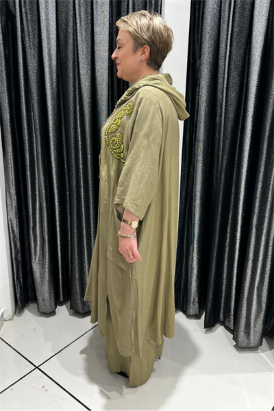 Selma Büyük Beden Boncuk Detaylı Pantolonlu Keten Takım