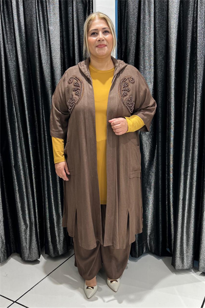 Selma Büyük Beden Boncuk Detaylı Pantolonlu Keten Takım