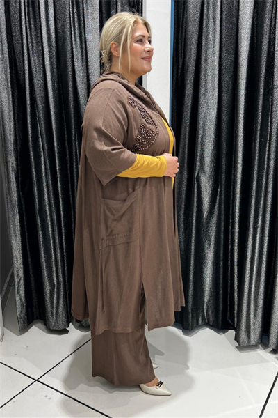 Selma Büyük Beden Boncuk Detaylı Pantolonlu Keten Takım