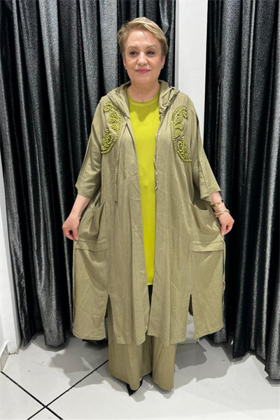 Selma Büyük Beden Boncuk Detaylı Pantolonlu Keten Takım