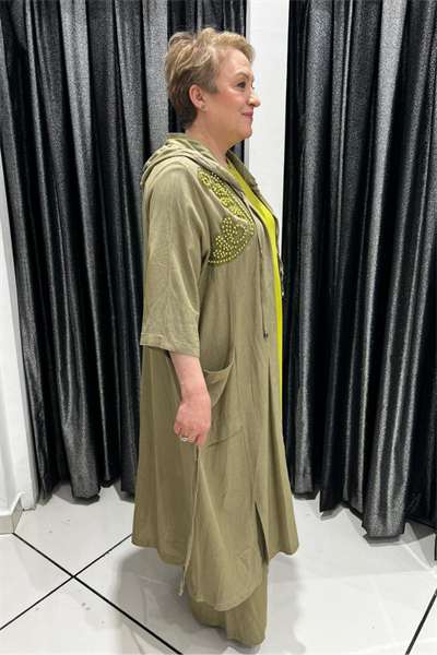 Selma Büyük Beden Boncuk Detaylı Pantolonlu Keten Takım