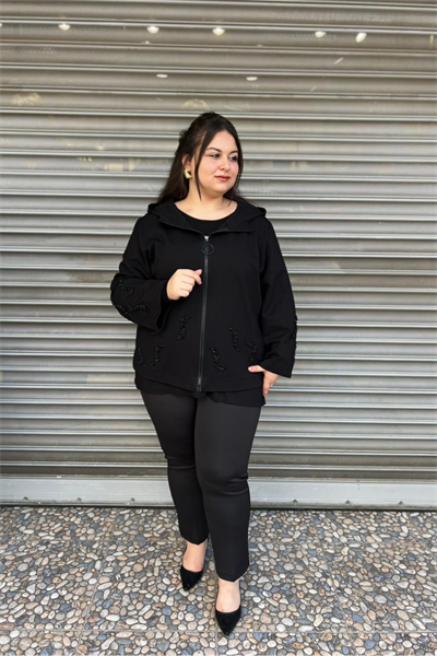 Selma Büyük Beden Boncuk İşlemeli Kapüşonlu Hırka