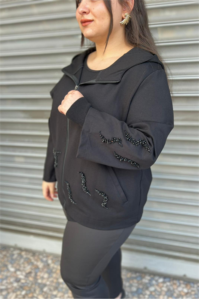 Selma Büyük Beden Boncuk İşlemeli Kapüşonlu Hırka